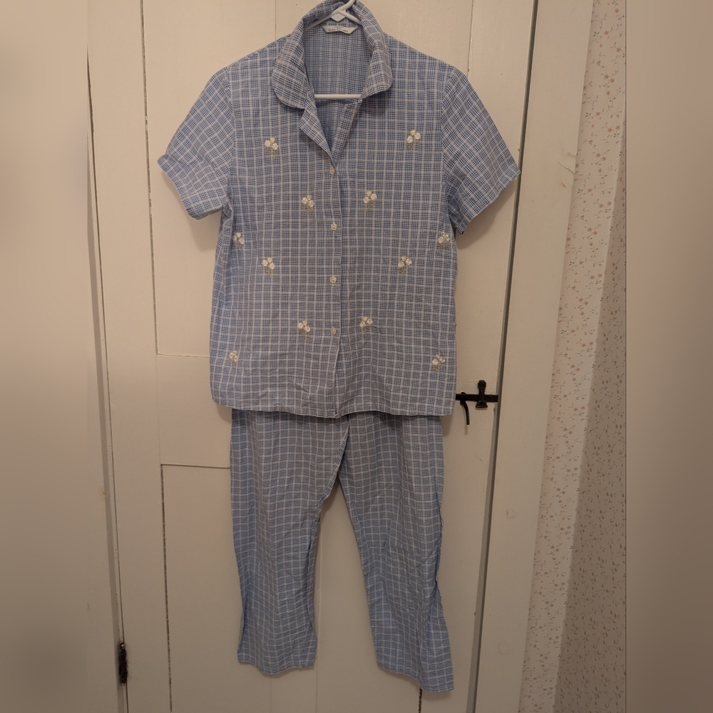 Marks & Spencer Pajamas St. Michaels Blue Checkered Women's Embroidered Vintage